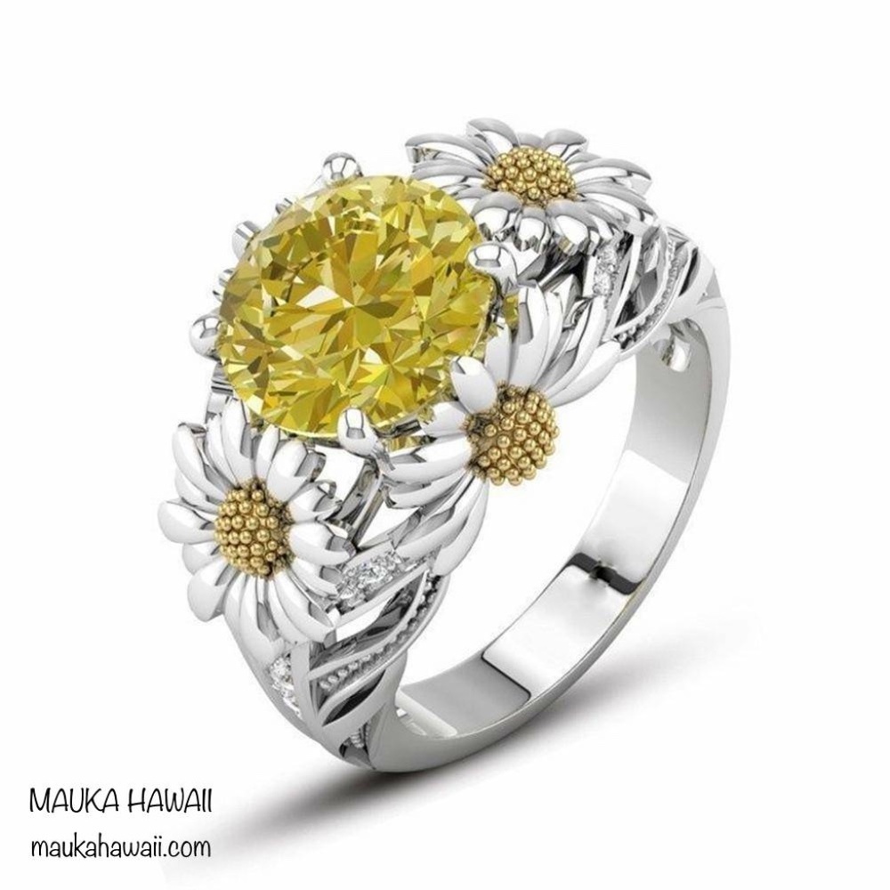 Yellow Daisy Sunflower Flower Cubic Zirconia Ring Casual Retro Glam 6 7 8 9 10